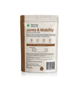 Baksiden av posen med CBD hundegodbiter Joints & Mobility med ingredienser, analytiske bestanddeler og doseringsanvisning