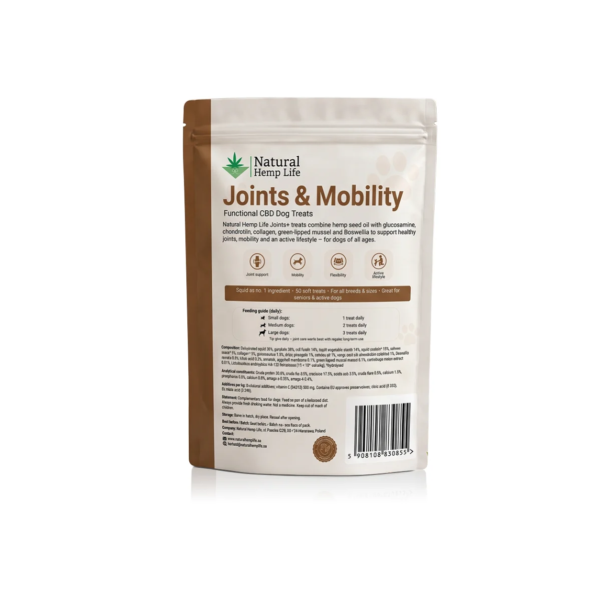 Baksiden av posen med CBD hundegodbiter Joints & Mobility med ingredienser, analytiske bestanddeler og doseringsanvisning