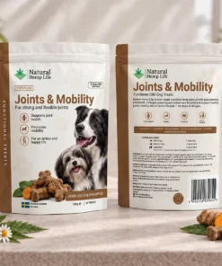Forside og bakside av posen med CBD hundegodbiter Joints & Mobility 125mg fra Natural Hemp Life