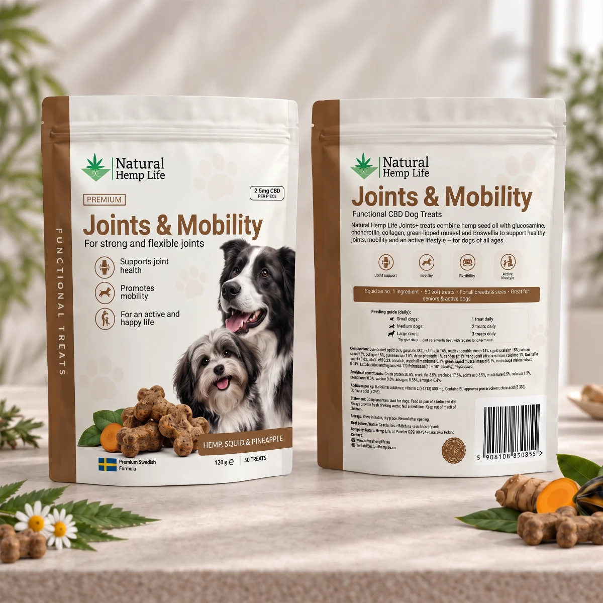 Forside og bakside av posen med CBD hundegodbiter Joints & Mobility 125mg fra Natural Hemp Life
