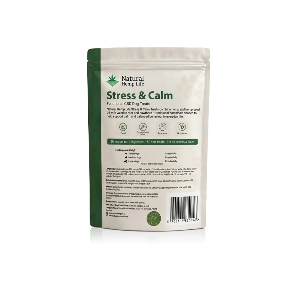 Baksiden av posen med CBD hundegodbiter Stress & Calm med ingredienser, analytiske bestanddeler og doseringsanvisning