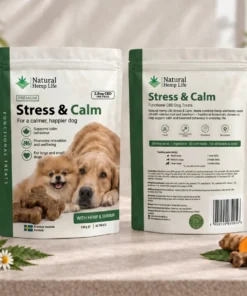 Forside og bakside av posen med CBD hundegodbiter Stress & Calm 125mg fra Natural Hemp Life
