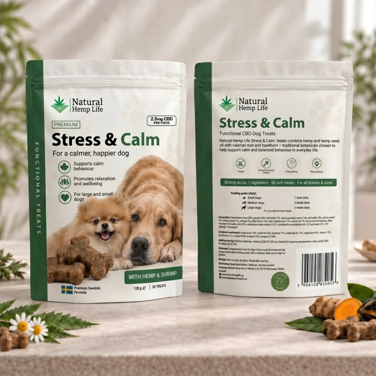 Forside og bakside av posen med CBD hundegodbiter Stress & Calm 125mg fra Natural Hemp Life